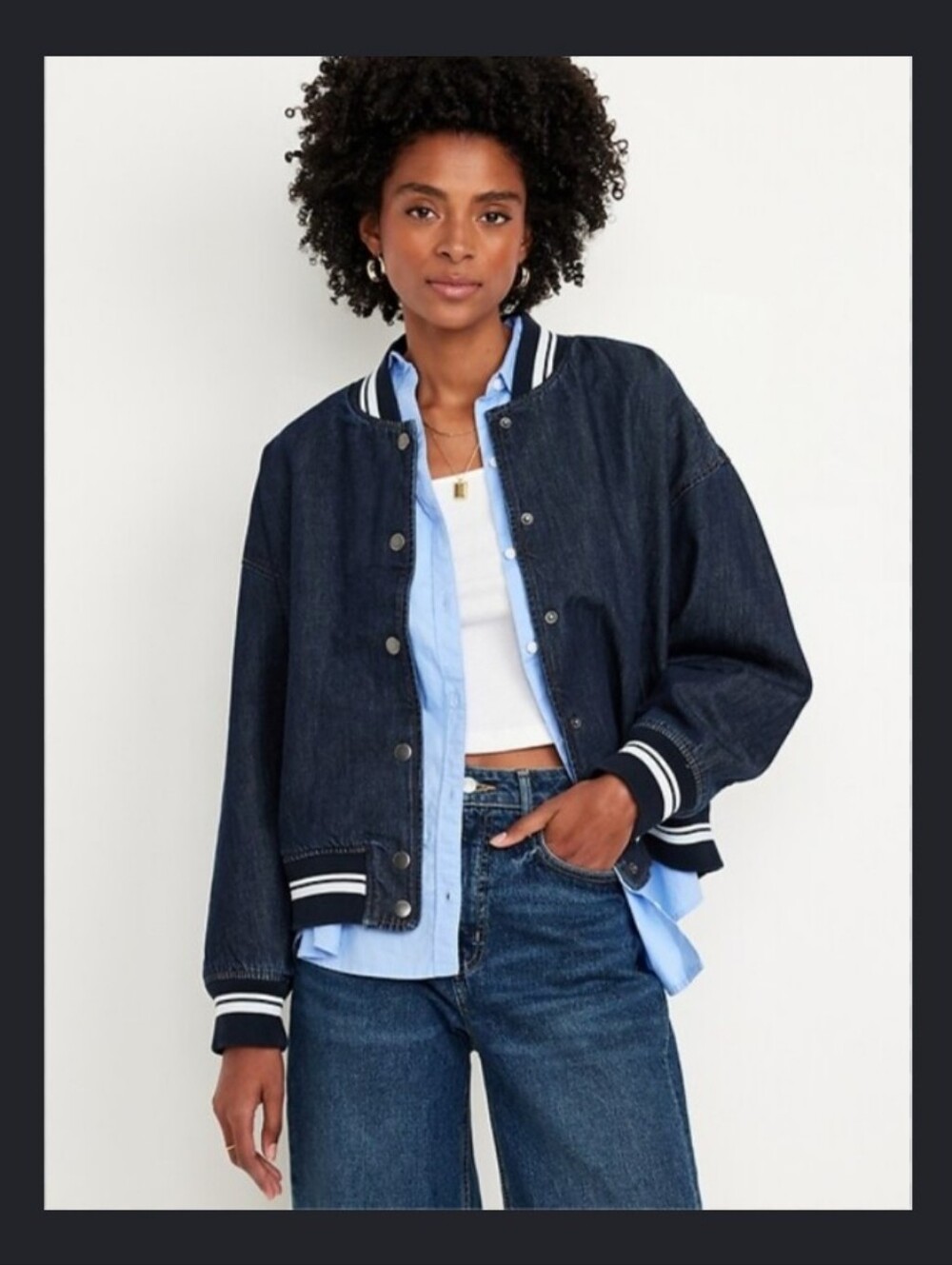 Old Navy Navy Blue Denim Bomber Jacket With Striped Rib Trim Women's Size L